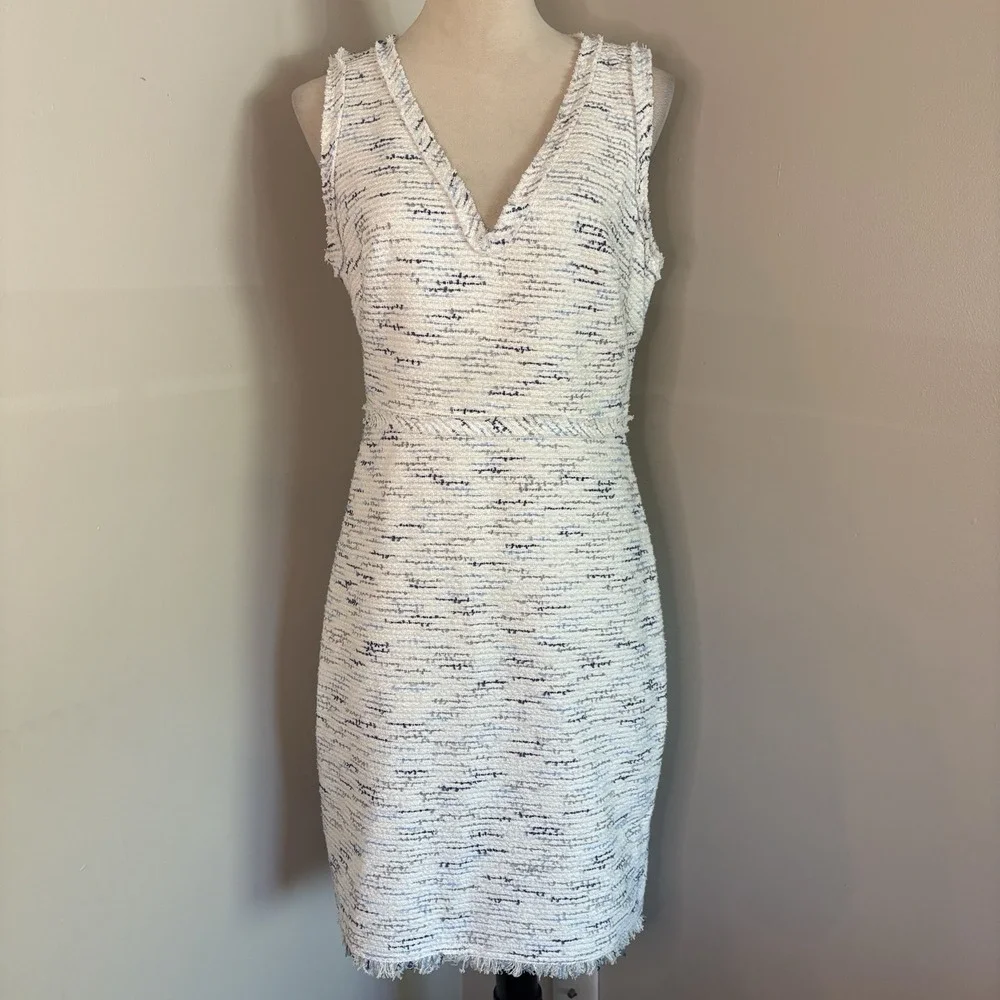 Kate Spade New York Tweed V-Neck Sheath Dress White Navy Fringe Boucle Size 8